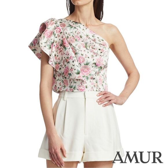 AMUR **NWT** Jasmine One-Shoulder Ruffle Top in Eggshell Pink Floral - Picture 9 of 14